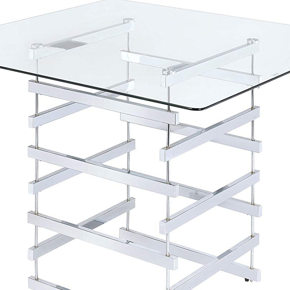 Mirror Top Counter Height Table With Metal Architectural Base, Chrome & Clear By Casagear Home