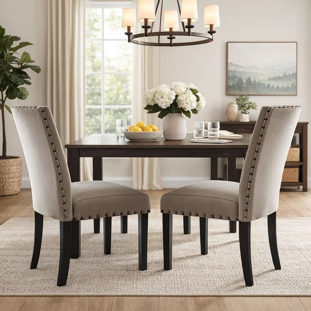 Vera Side Chair Set of 2 | Nailhead Trim | Fabric Upholstery | Beige & Brown