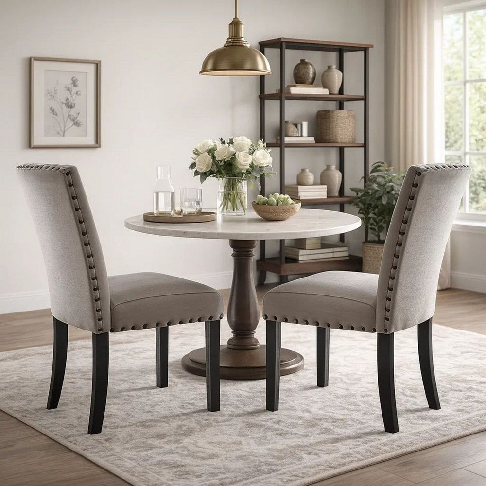 Vera Side Chair Set of 2 | Nailhead Trim | Fabric Upholstery | Beige & Brown