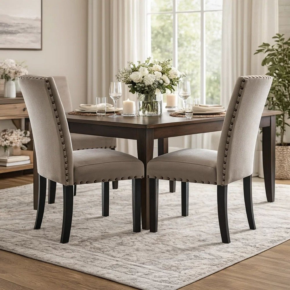 Vera Side Chair Set of 2 | Nailhead Trim | Fabric Upholstery | Beige & Brown