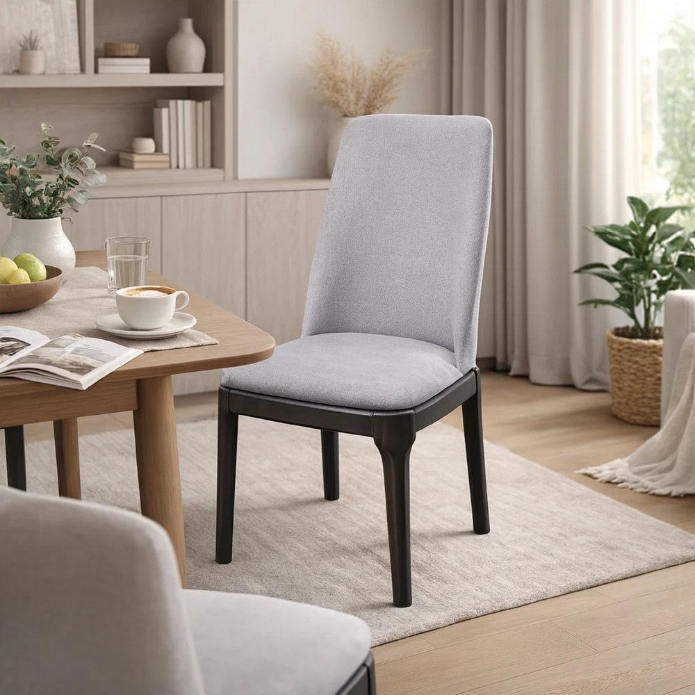 Linen Upholstered Wooden Side Chair with Curved Backrest and Block Legs, Set of 2, Gray