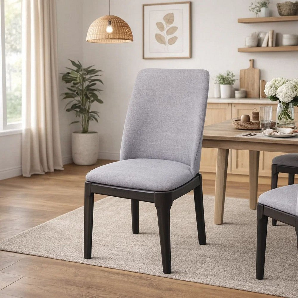 Linen Upholstered Wooden Side Chair with Curved Backrest and Block Legs, Set of 2, Gray