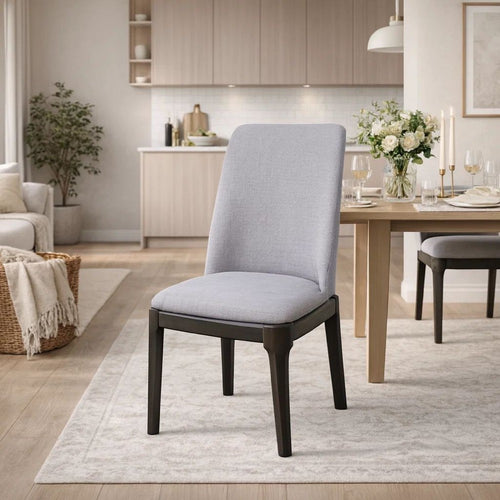 Linen Upholstered Wooden Side Chair with Curved Backrest and Block Legs, Set of 2, Gray