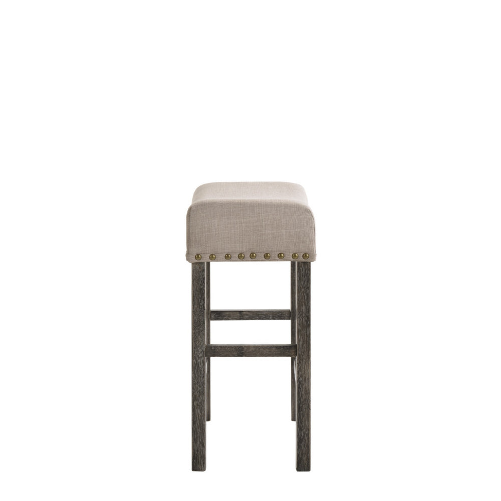 Wooden Counter Height Stool with Linen Upholstered Saddle Seat Set of 2 Beige and Gray By Casagear Home AMF-73833