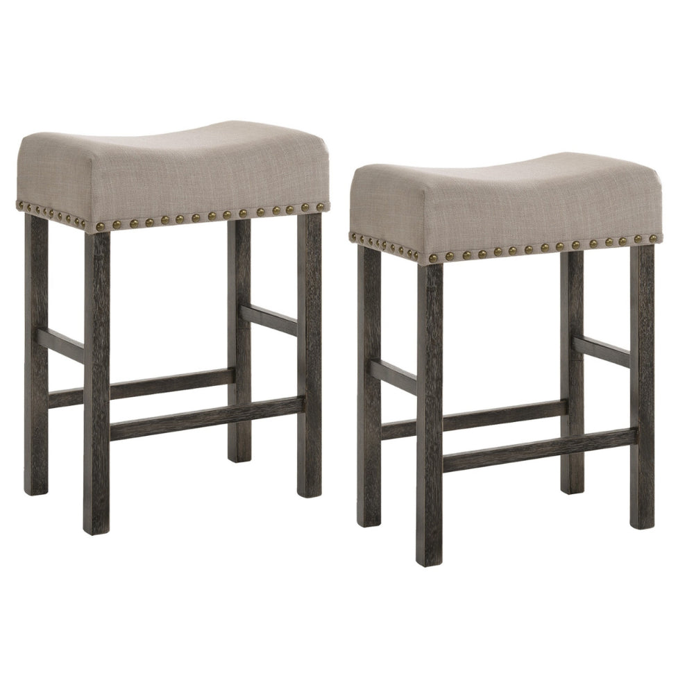 Wooden Counter Height Stool with Linen Upholstered Saddle Seat, Set of 2, Beige and Gray By Casagear Home