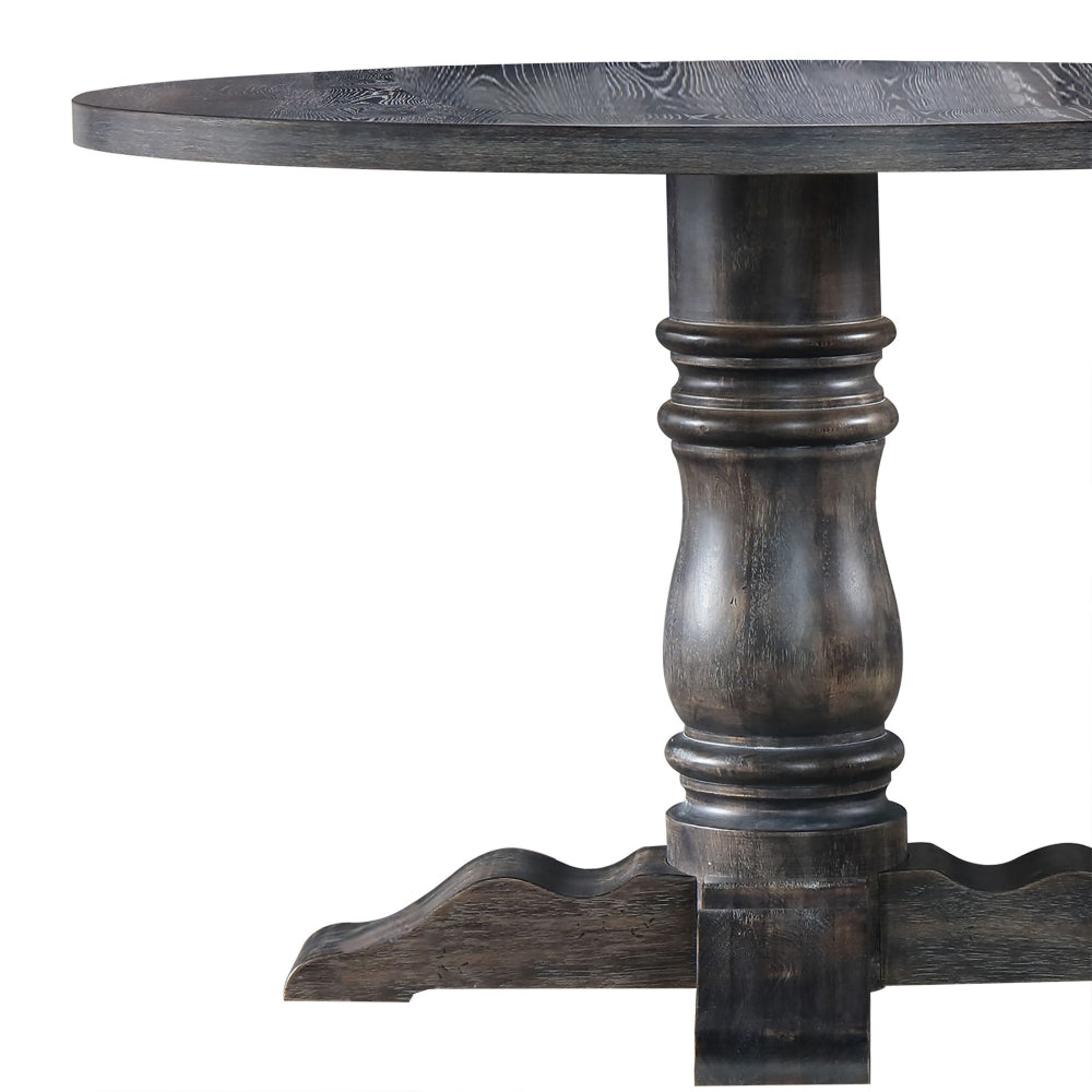 Wooden Round Dining Table With Heavy Pedestal Feet Weathered Gray By Casagear Home AMF-74640