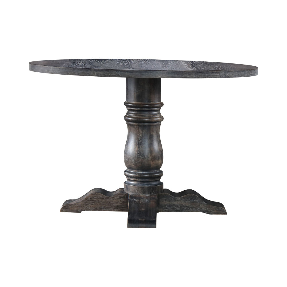 Wooden Round Dining Table With Heavy Pedestal Feet Weathered Gray By Casagear Home AMF-74640