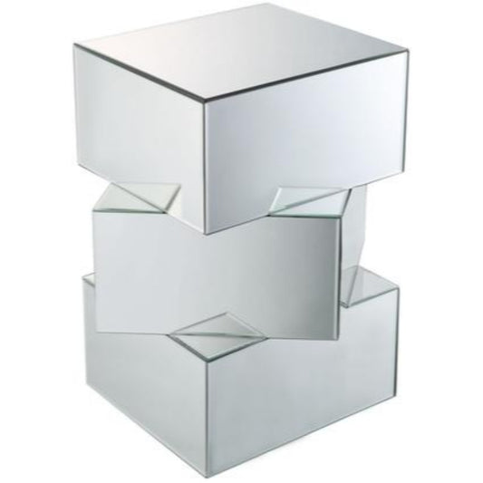 Mirror and Glass End Table with Unique Geometrical Base Design, Silver - 80272
