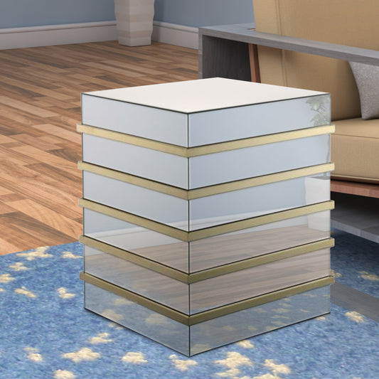 Square Shape Mirror End Table with Geometric Base, Gold and Mirror - 80332