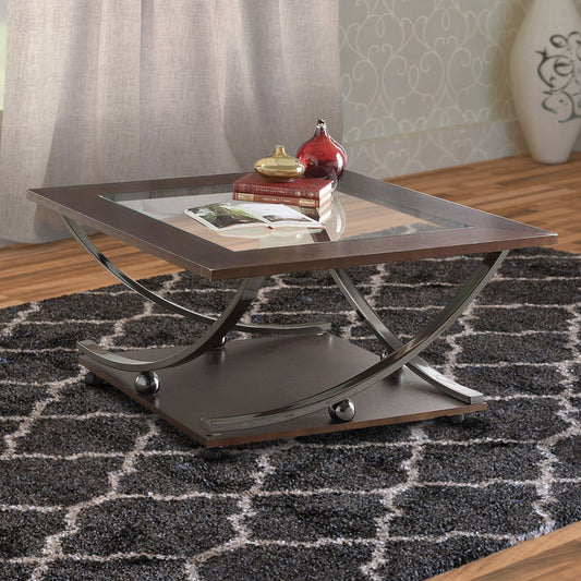 21 Inch Glass Top Wooden Coffee Table with Casters, Brown