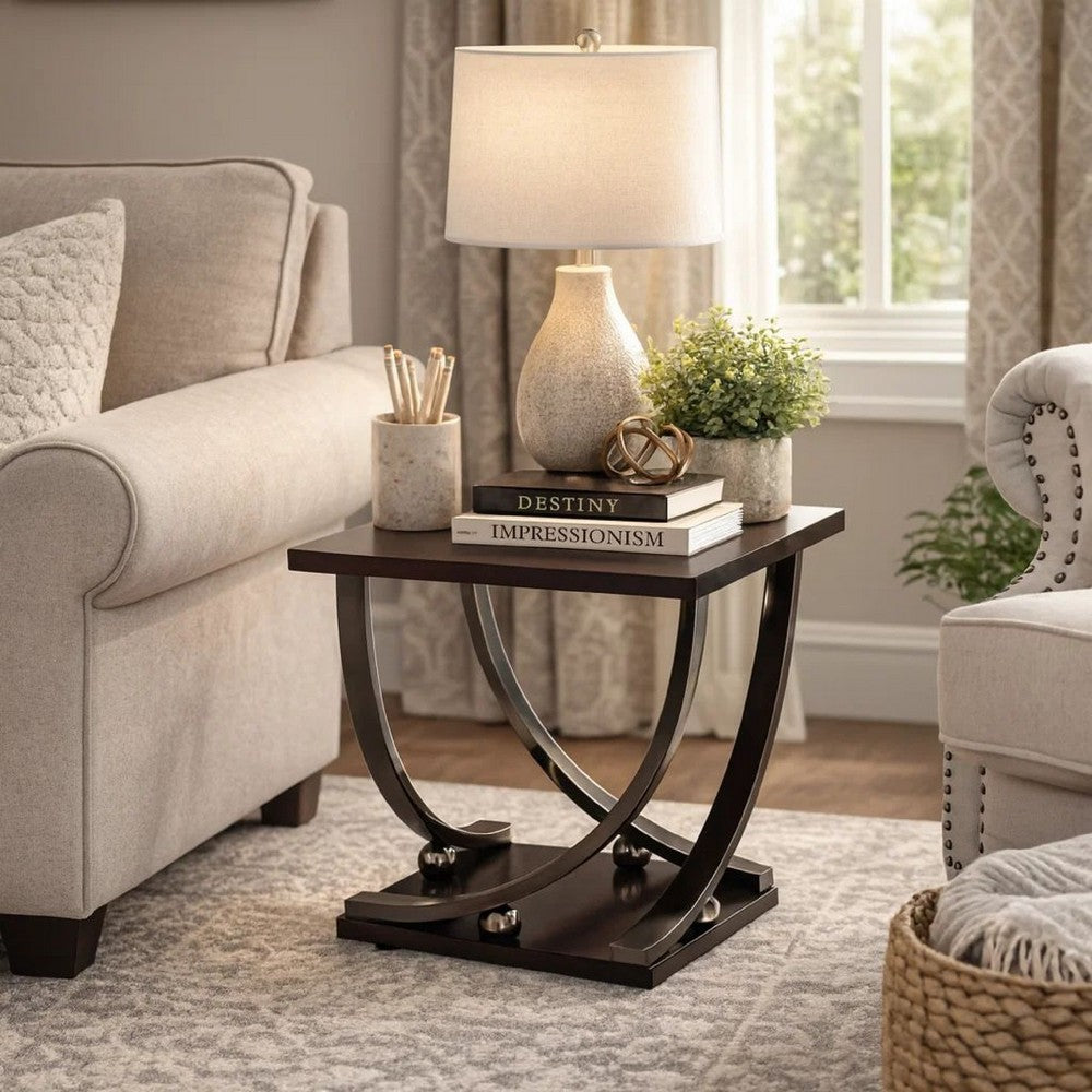 Nova End Table | Wood & Metal | Sweeping Legs | Dark Walnut & Black