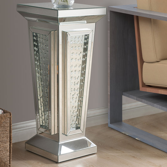 Glass Top Pedestal Stand with Mirror Panel and Faux Crystal, Silver