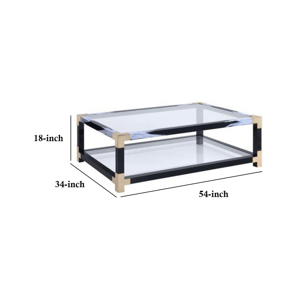 Rectangular Metal Coffee Table with Glass Top and Shelf, Black - 81000