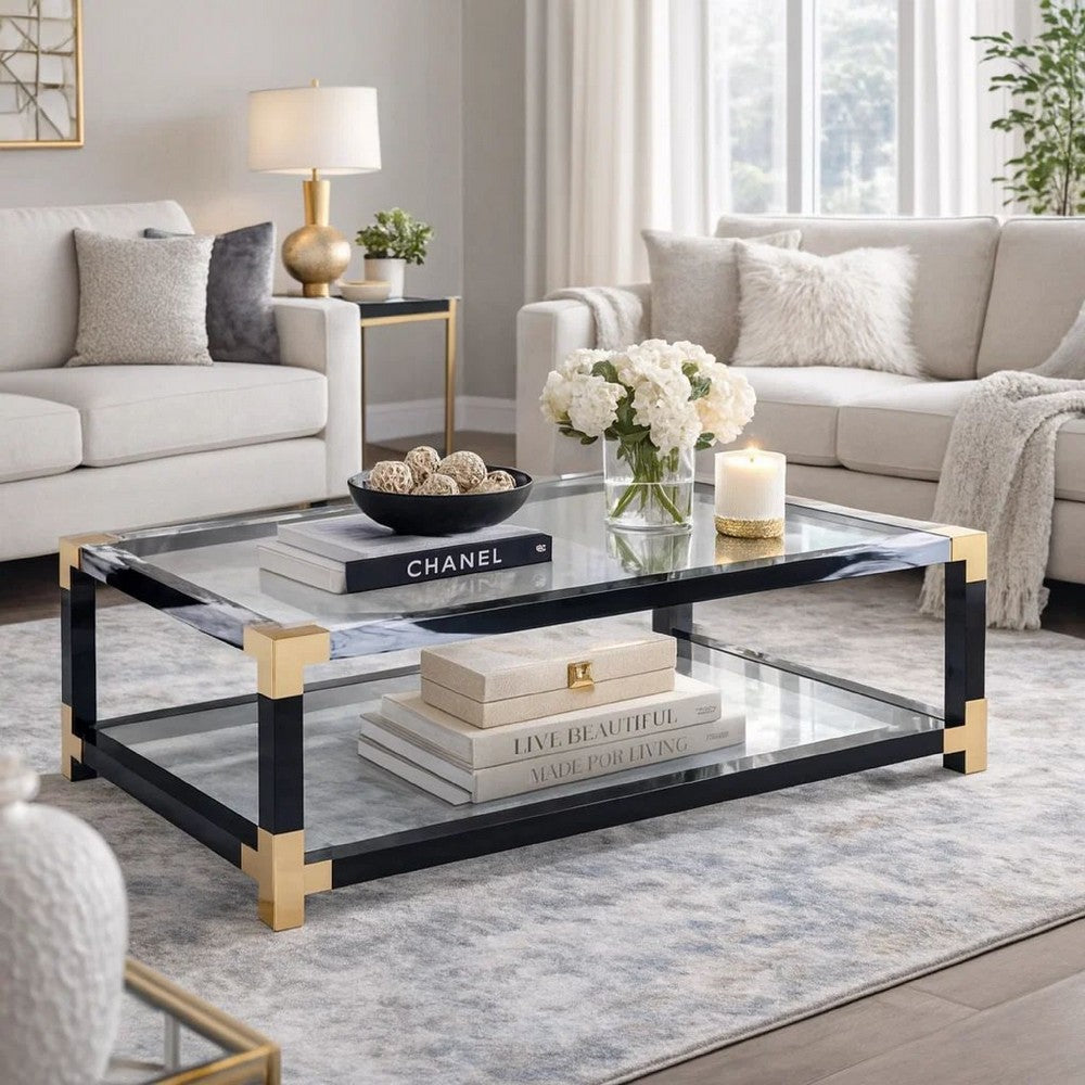 Nova Coffee Table | Rectangular | Glass Top | Shelf | Black
