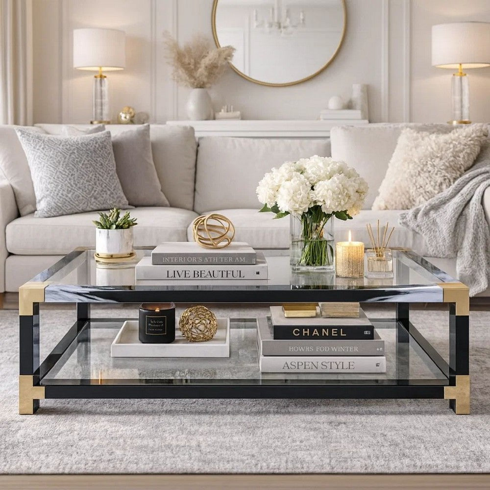 Nova Coffee Table | Rectangular | Glass Top | Shelf | Black