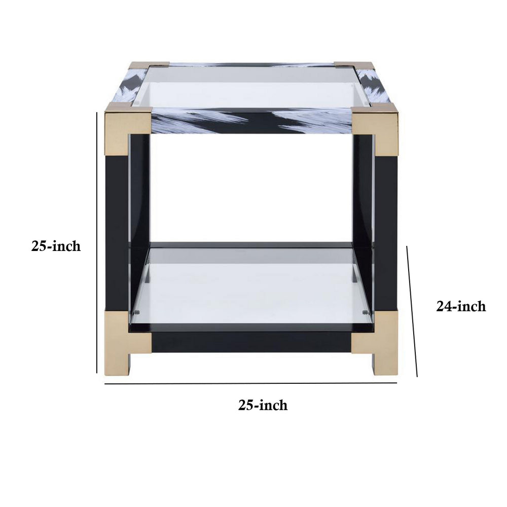 25 Metal Frame Square End Table with Glass Top and Bottom Clear and Black AMF-81002