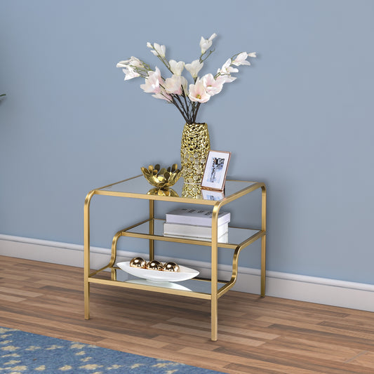 23 Inch 2 Tier Metal Frame Mirrored End Table, Gold and Silver - 81092