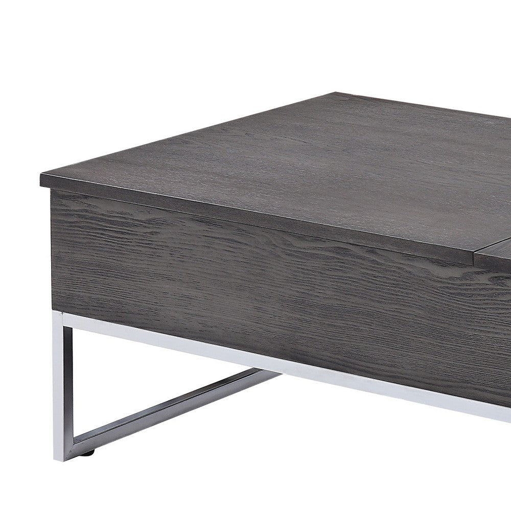 Wooden Coffee Table with Two Lift Tops and Metal Sled Leg Support Gray and Silver AMF-81170