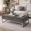 Wooden Coffee Table with Two Lift Tops and Metal Sled Leg Support, Gray and Silver