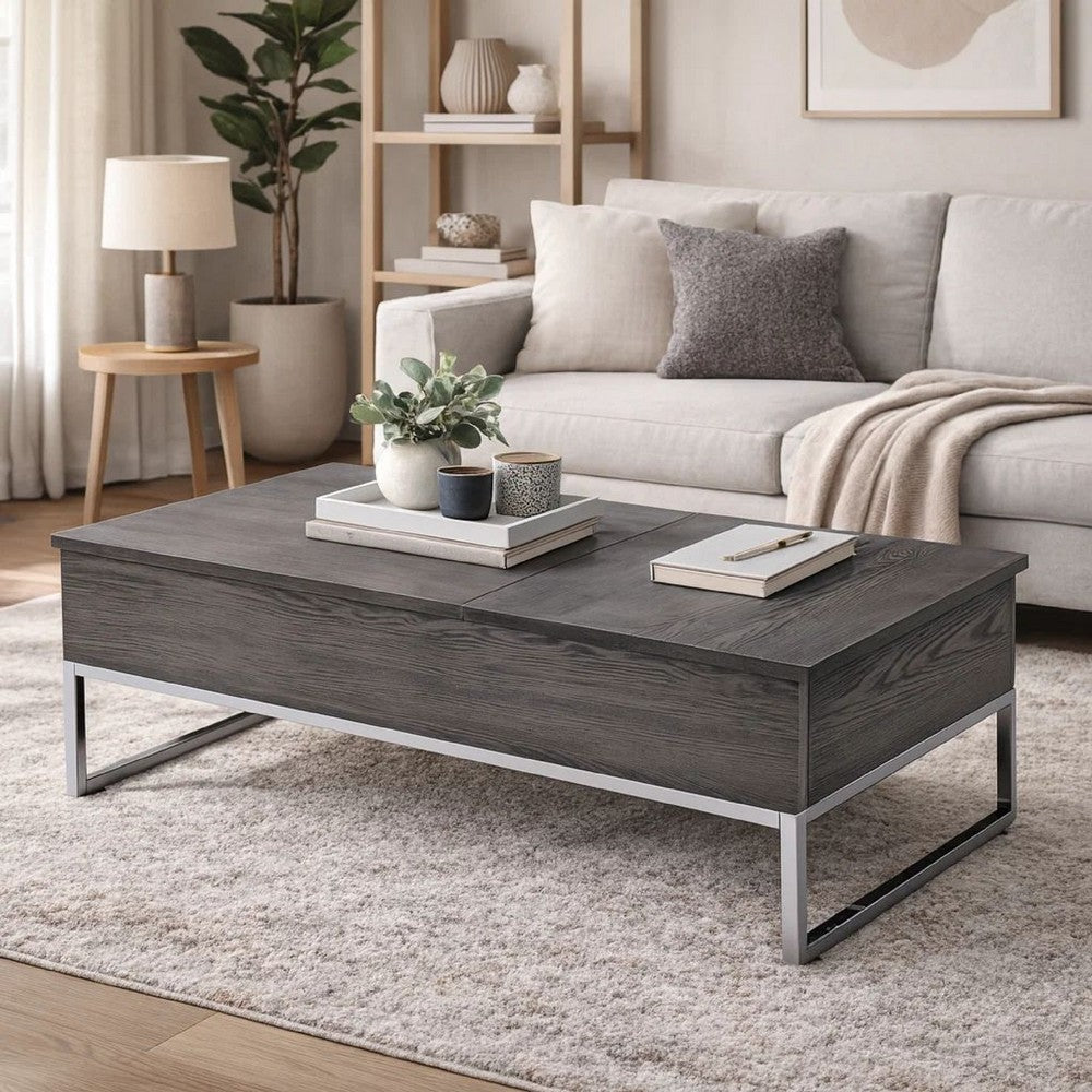 Wooden Coffee Table with Two Lift Tops and Metal Sled Leg Support, Gray and Silver