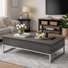 Wooden Coffee Table with Two Lift Tops and Metal Sled Leg Support, Gray and Silver