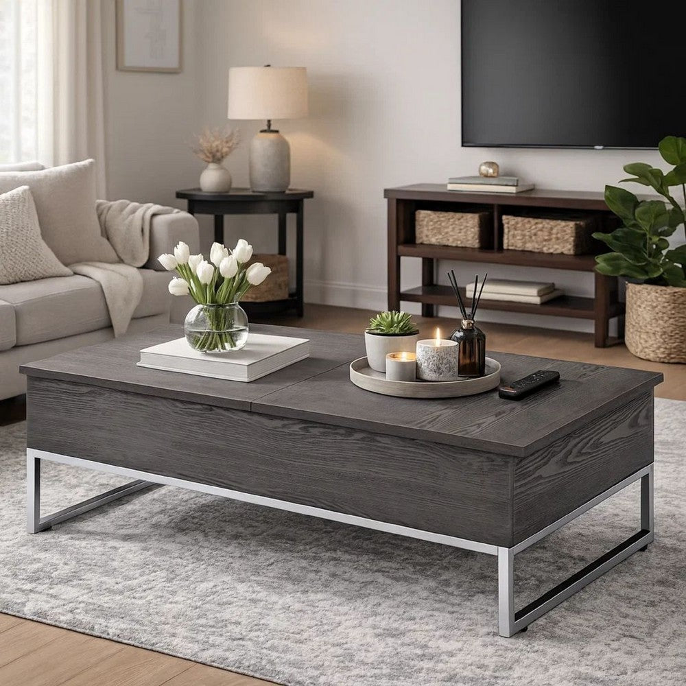 Wooden Coffee Table with Two Lift Tops and Metal Sled Leg Support, Gray and Silver