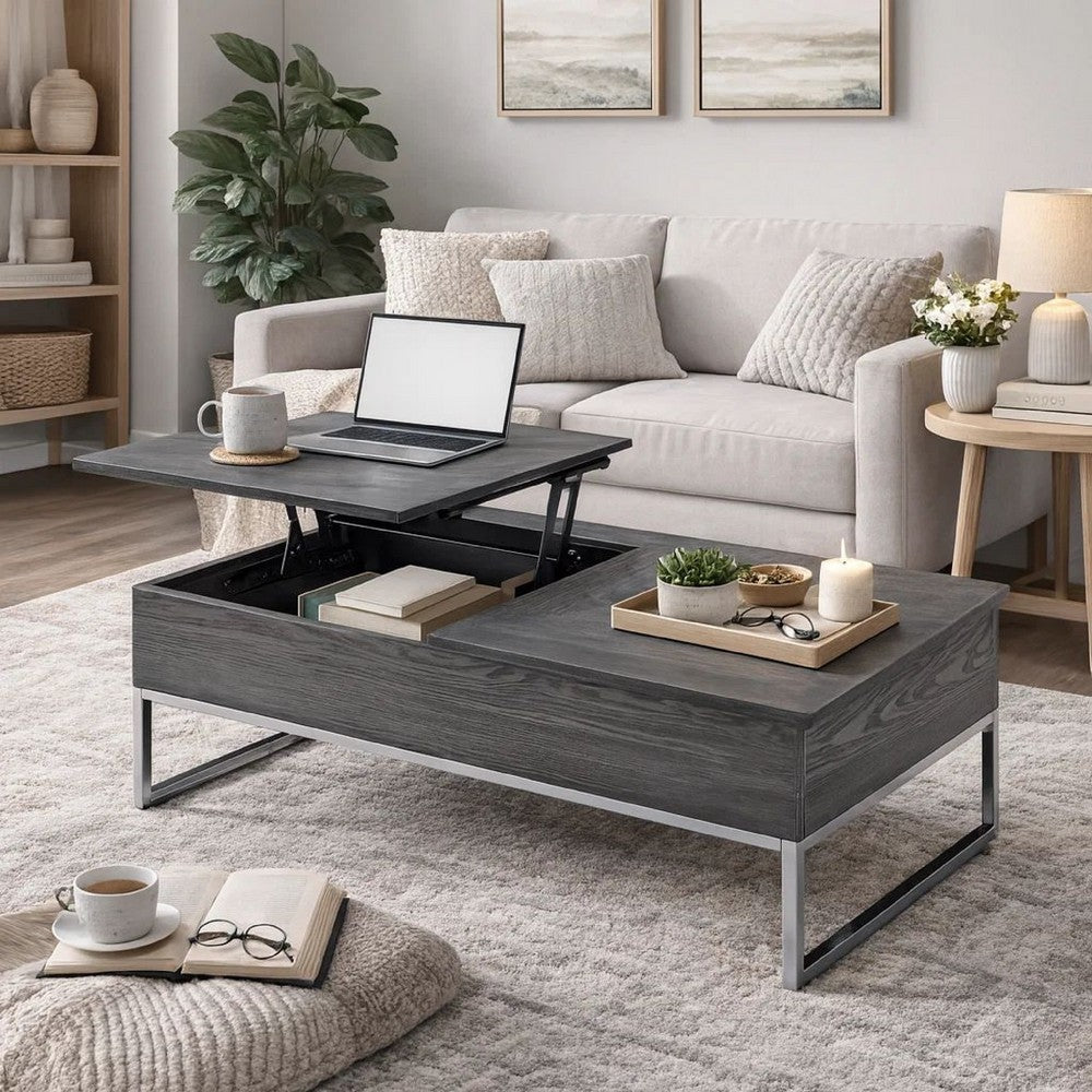 Wooden Coffee Table with Two Lift Tops and Metal Sled Leg Support, Gray and Silver