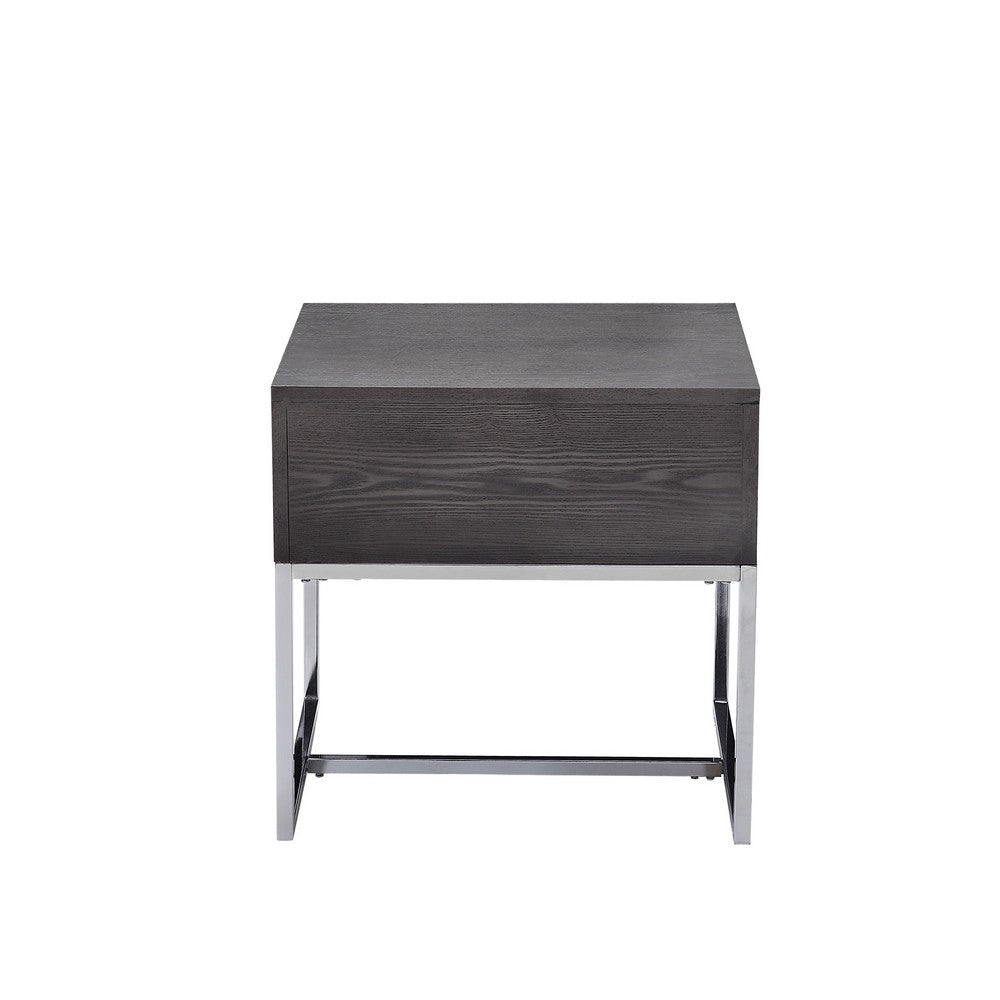 Wooden End Table with Tubular Metal Base and Spacious Drawer Gray and Silver AMF-81172