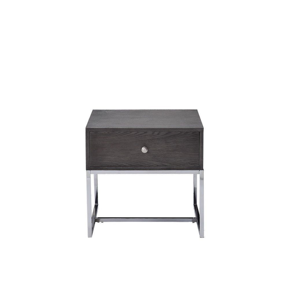 Wooden End Table with Tubular Metal Base and Spacious Drawer Gray and Silver AMF-81172