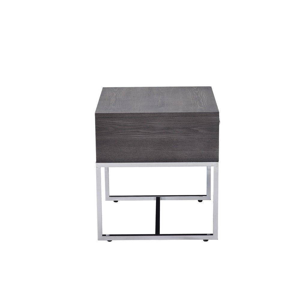 Wooden End Table with Tubular Metal Base and Spacious Drawer Gray and Silver AMF-81172