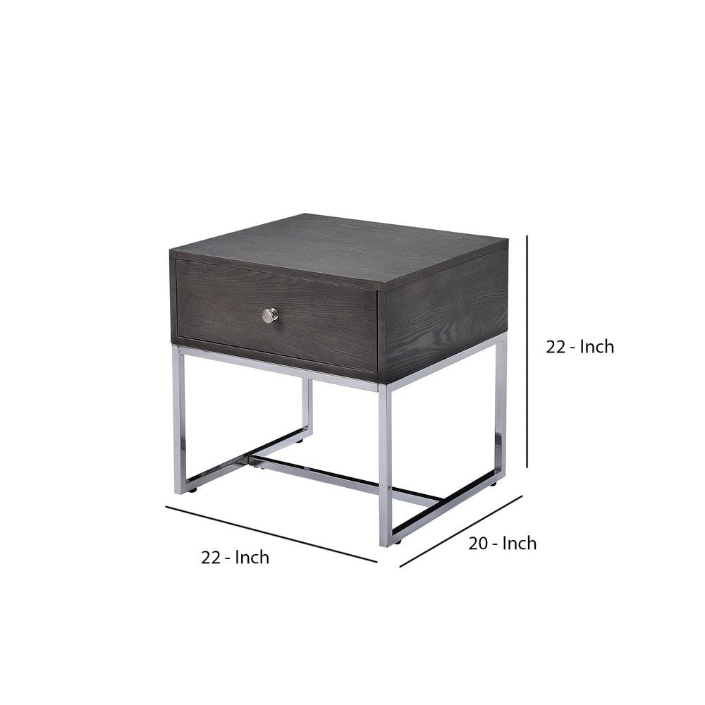Wooden End Table with Tubular Metal Base and Spacious Drawer Gray and Silver AMF-81172