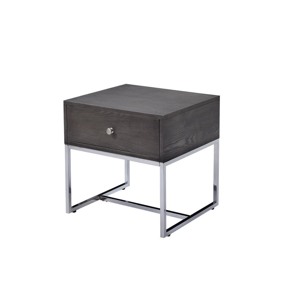 Wooden End Table with Tubular Metal Base and Spacious Drawer, Gray and Silver