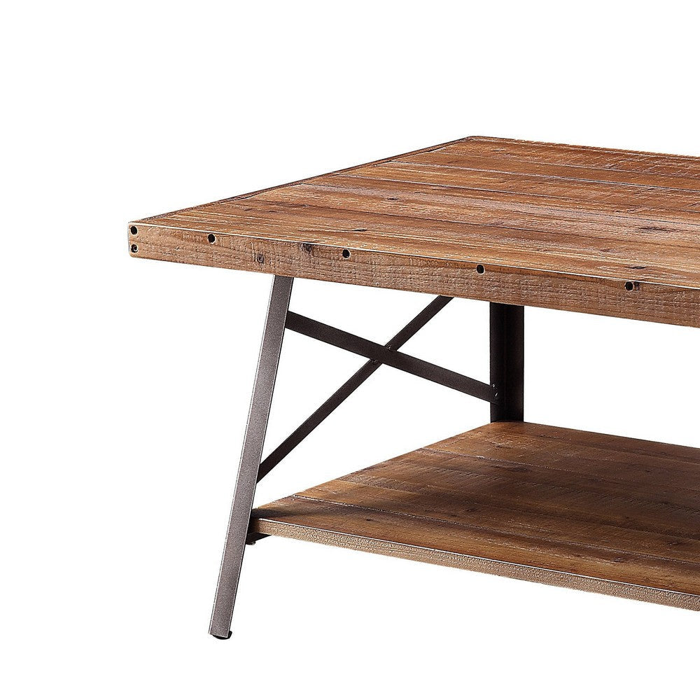 Wooden Coffee Table with X Crossed Metal Sides and Open Shelf Brown and Black AMF-81175