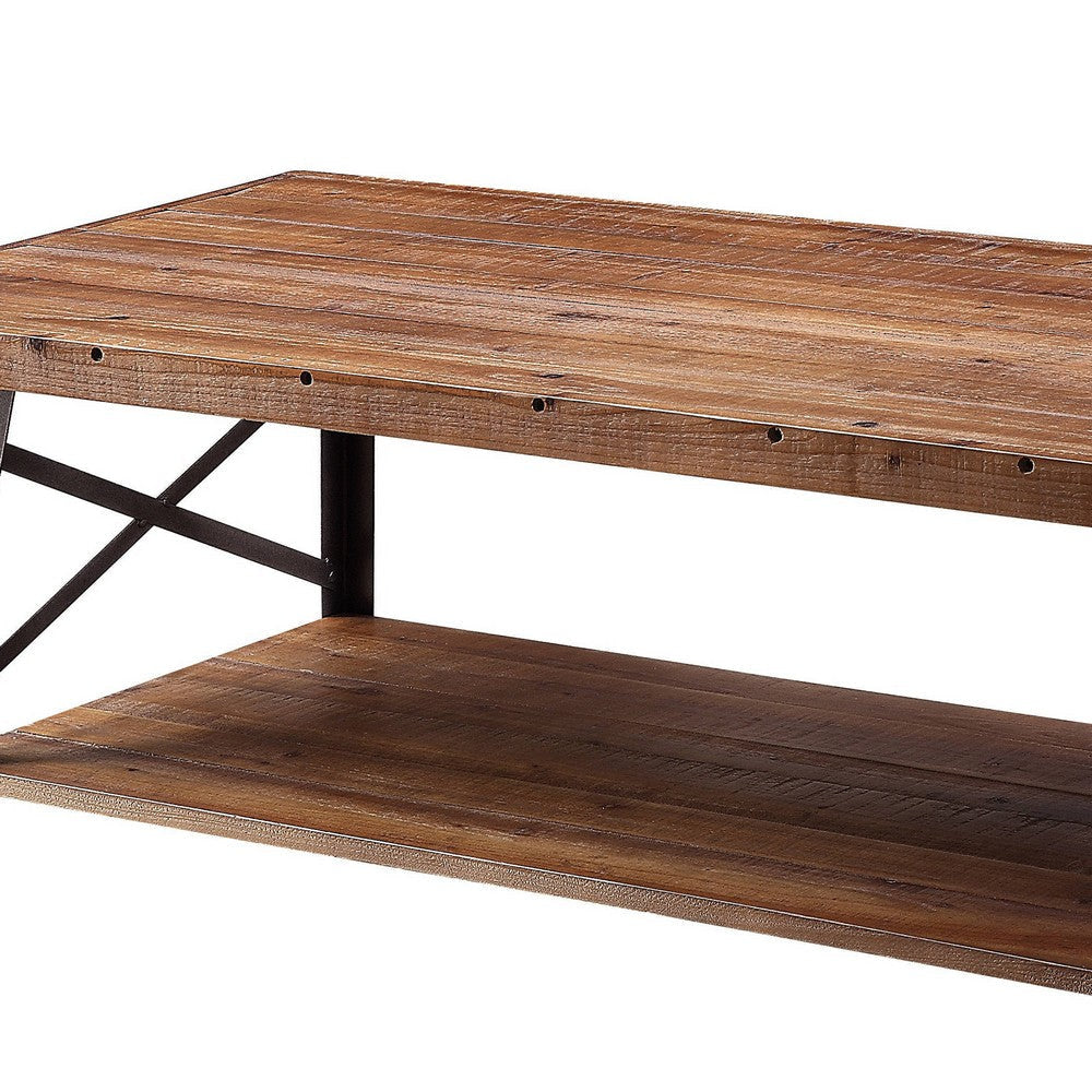 Wooden Coffee Table with X Crossed Metal Sides and Open Shelf Brown and Black AMF-81175