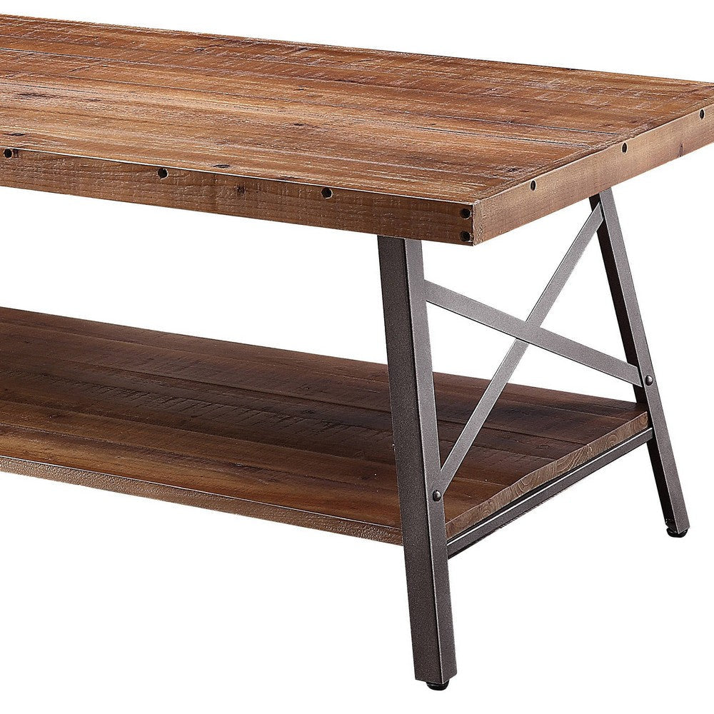 Wooden Coffee Table with X Crossed Metal Sides and Open Shelf Brown and Black AMF-81175