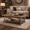 Wooden Coffee Table with X Crossed Metal Sides and Open Shelf, Brown and Black