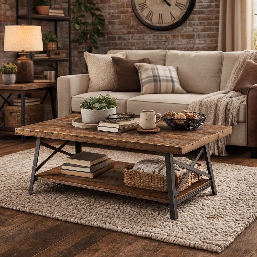 Wooden Coffee Table with X Crossed Metal Sides and Open Shelf, Brown and Black