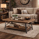 Wooden Coffee Table with X Crossed Metal Sides and Open Shelf, Brown and Black