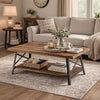 Wooden Coffee Table with X Crossed Metal Sides and Open Shelf, Brown and Black