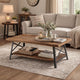 Wooden Coffee Table with X Crossed Metal Sides and Open Shelf, Brown and Black