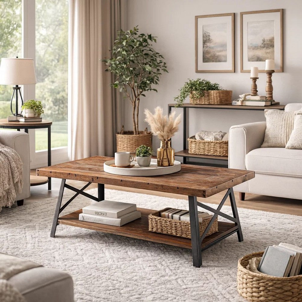 Wooden Coffee Table with X Crossed Metal Sides and Open Shelf, Brown and Black