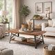 Wooden Coffee Table with X Crossed Metal Sides and Open Shelf, Brown and Black