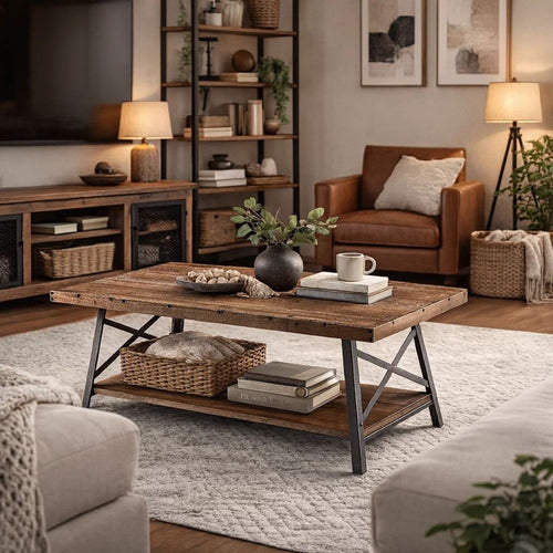 Wooden Coffee Table with X Crossed Metal Sides and Open Shelf, Brown and Black