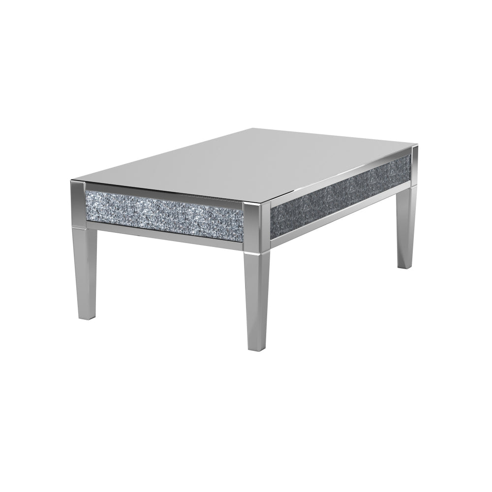 Wooden and Mirror Rectangular Coffee Table with Faux Crystals Inlay, Silver