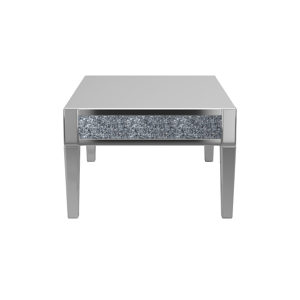 Wooden and Mirror Rectangular Coffee Table with Faux Crystals Inlay, Silver