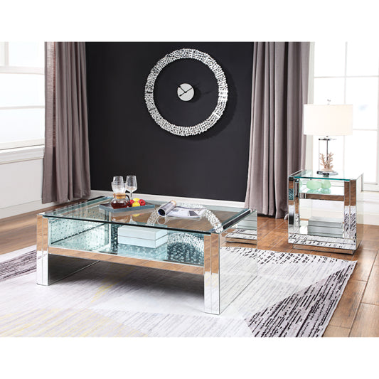 Square Wooden End Table with Mirror Panel Inserts and Faux Crystals, Silver - 81472