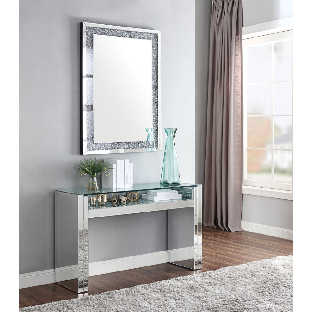 Wood and Mirror Sofa Table with Studded Faux Crystals, Clear - 81473