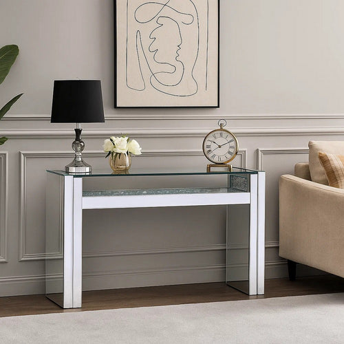 Celeste Sofa Table | Wood & Mirror | Studded Faux Crystals | Clear