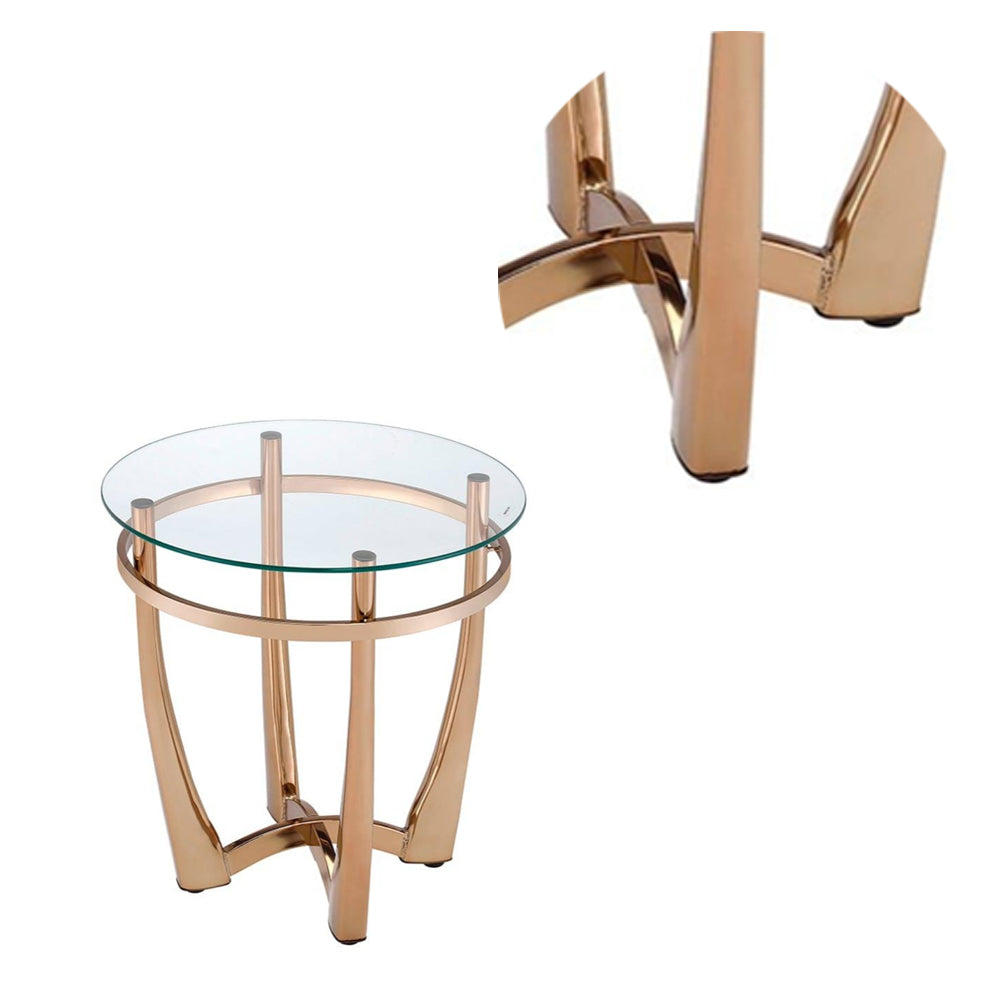 Glass Top Round End Table with Metal Base, Champagne Gold and Clear