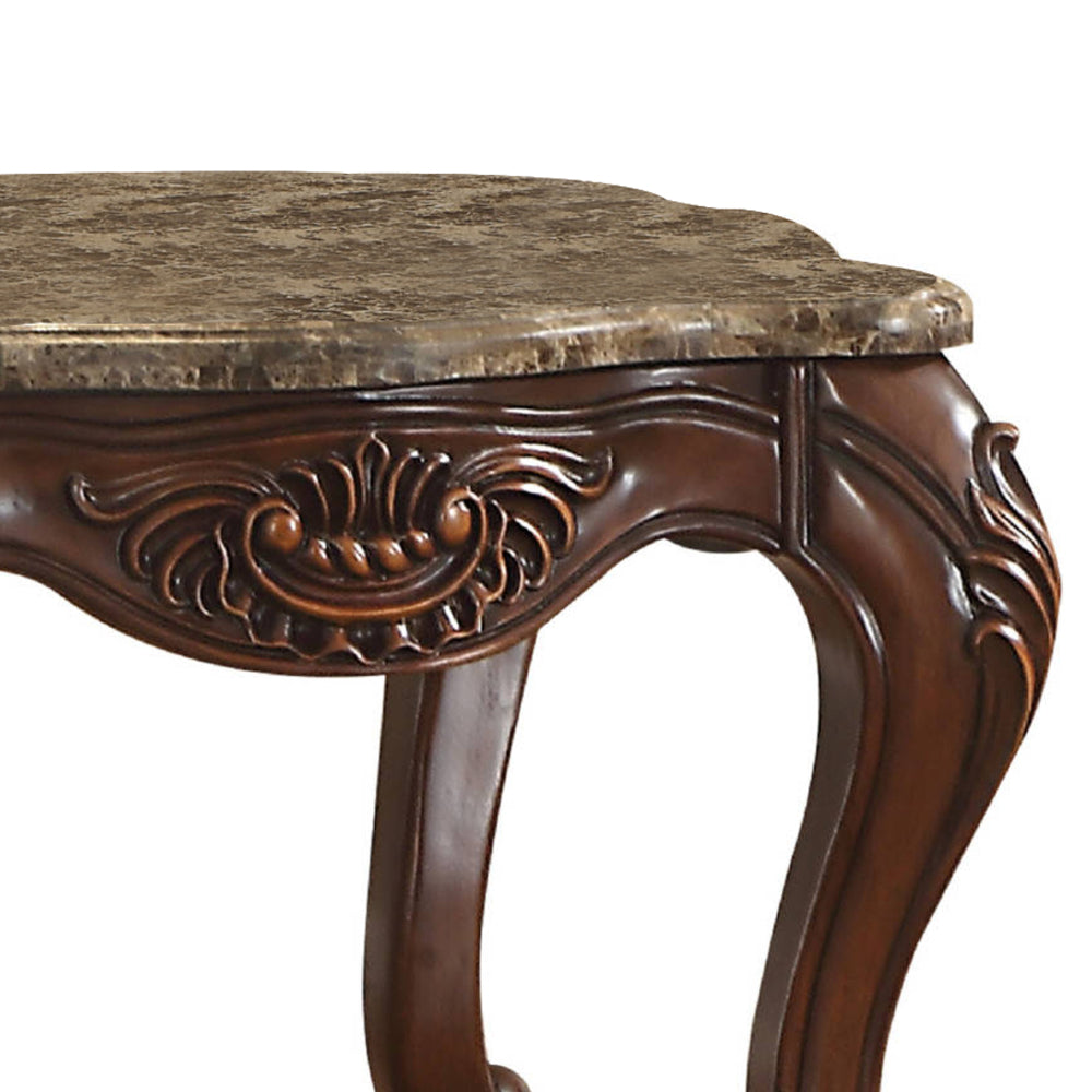Marble Top End Table With Motif Engraved Cabriole Legs, Brown By Casagear Home